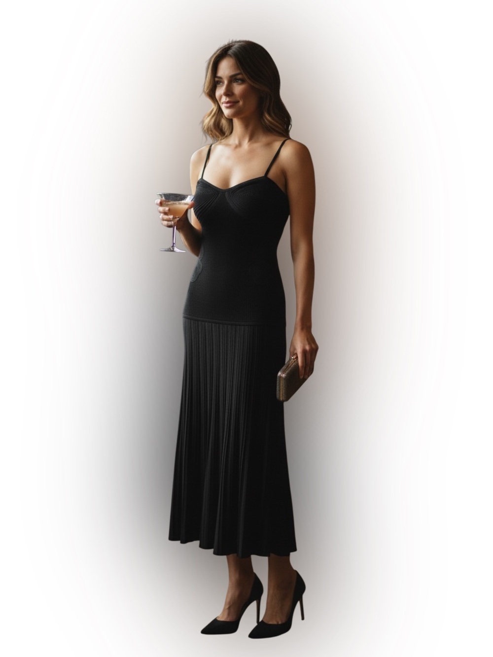 NWT Camila Coelho Black Sculpted Knit Midi Dress Small | Bodycon Pleated Hem